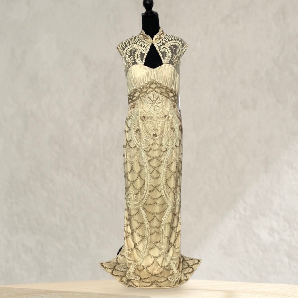 Sue Wong Cream and Gold Beaded Maxi Dress